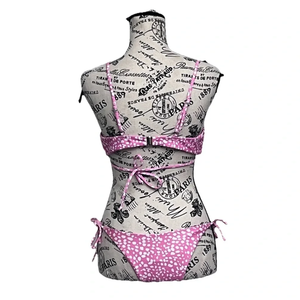 SHEIN Pink Polka Dot Bikini Set Cutout Top XL Tie Side Bottom S Y2K Coquette